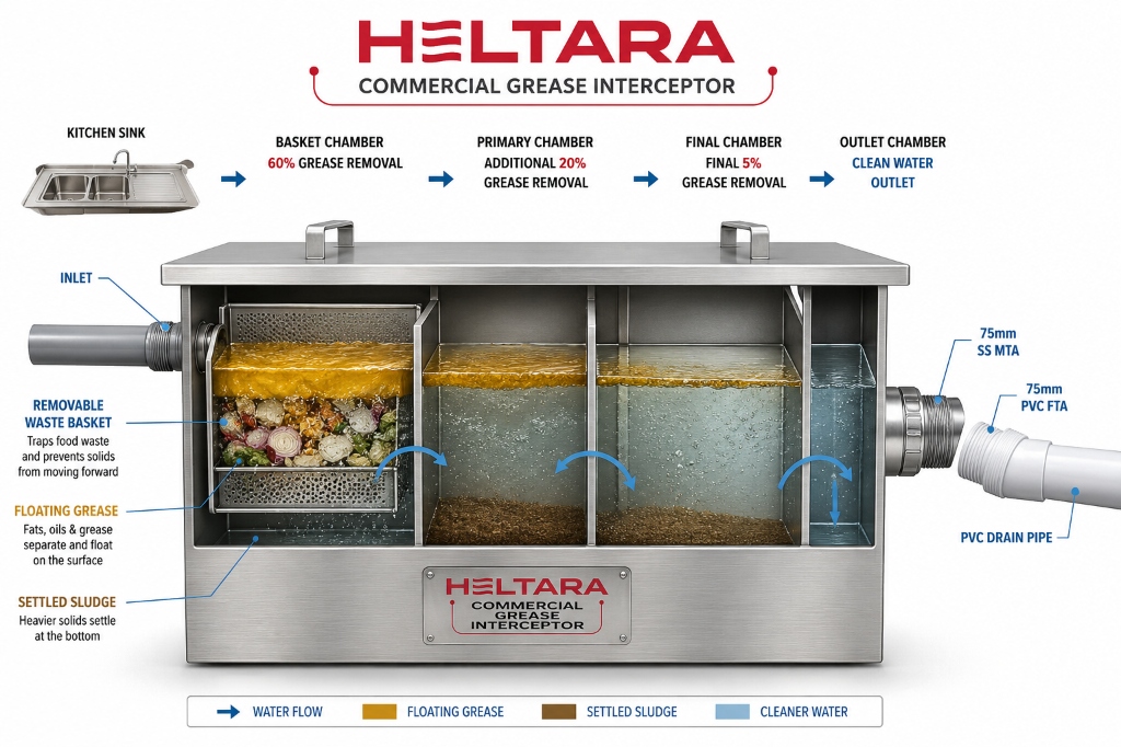 HELTARA Commercial Grease Interceptor Cutaway Schematic Diagram